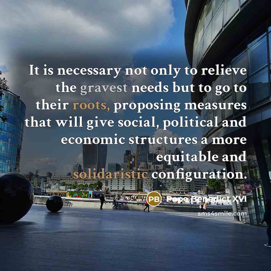 “It is necessary not only to relieve the gravest needs but to go to their roots, proposing measures that will give social, political and economic structures a more equitable and solidaristic configuration.” quote by Pope Benedict XVI