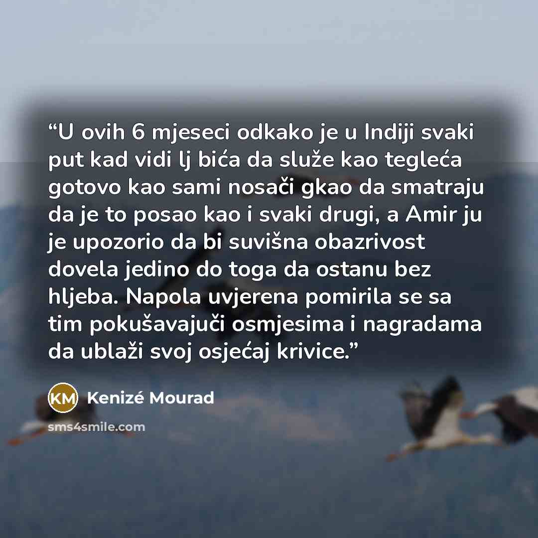 “U ovih 6 mjeseci odkako je u Indiji svaki put kad vidi lj bića da služe kao tegleća gotovo kao sami nosači gkao da smatraju da je to posao kao i svaki drugi, a Amir ju je upozorio da bi suvišna obazrivost dovela jedino do toga da ostanu bez hljeba. Napola uvjerena pomirila se sa tim pokušavajuči…” quote by Kenizé Mourad