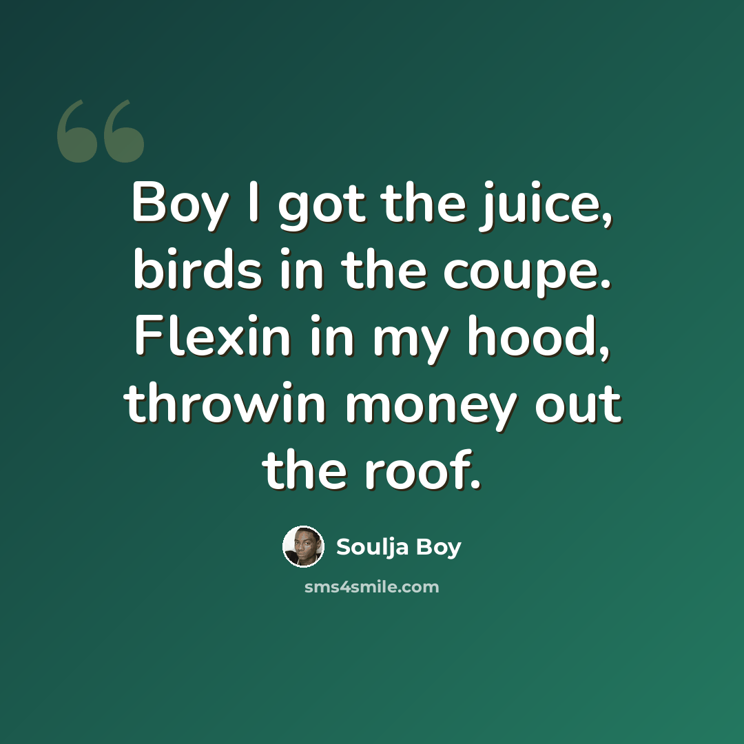 “Boy I got the juice, birds in the coupe. Flexin in my hood, throwin money out the roof.” quote by Soulja Boy