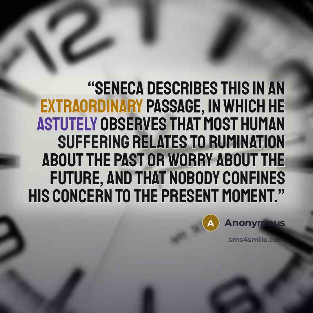 “Seneca describes this in an extraordinary passage, in which he astutely observes that most human suffering relates to rumination about the past or worry about the future, and that nobody confines his concern to the present moment.” quote by Anonymous