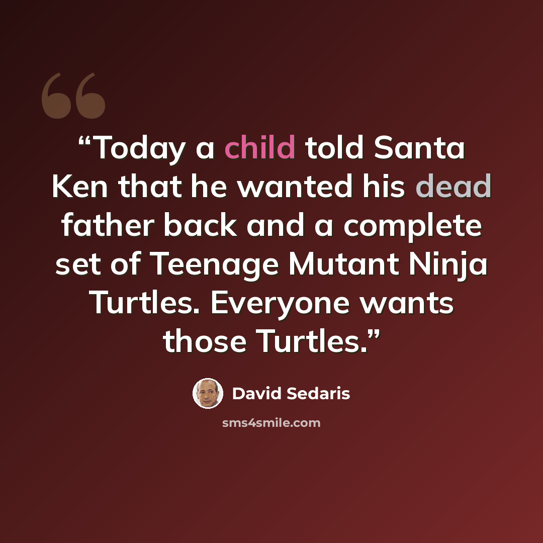 “Today a child told Santa Ken that he wanted his dead father back and a complete set of Teenage Mutant Ninja Turtles. Everyone wants those Turtles.” quote by David Sedaris