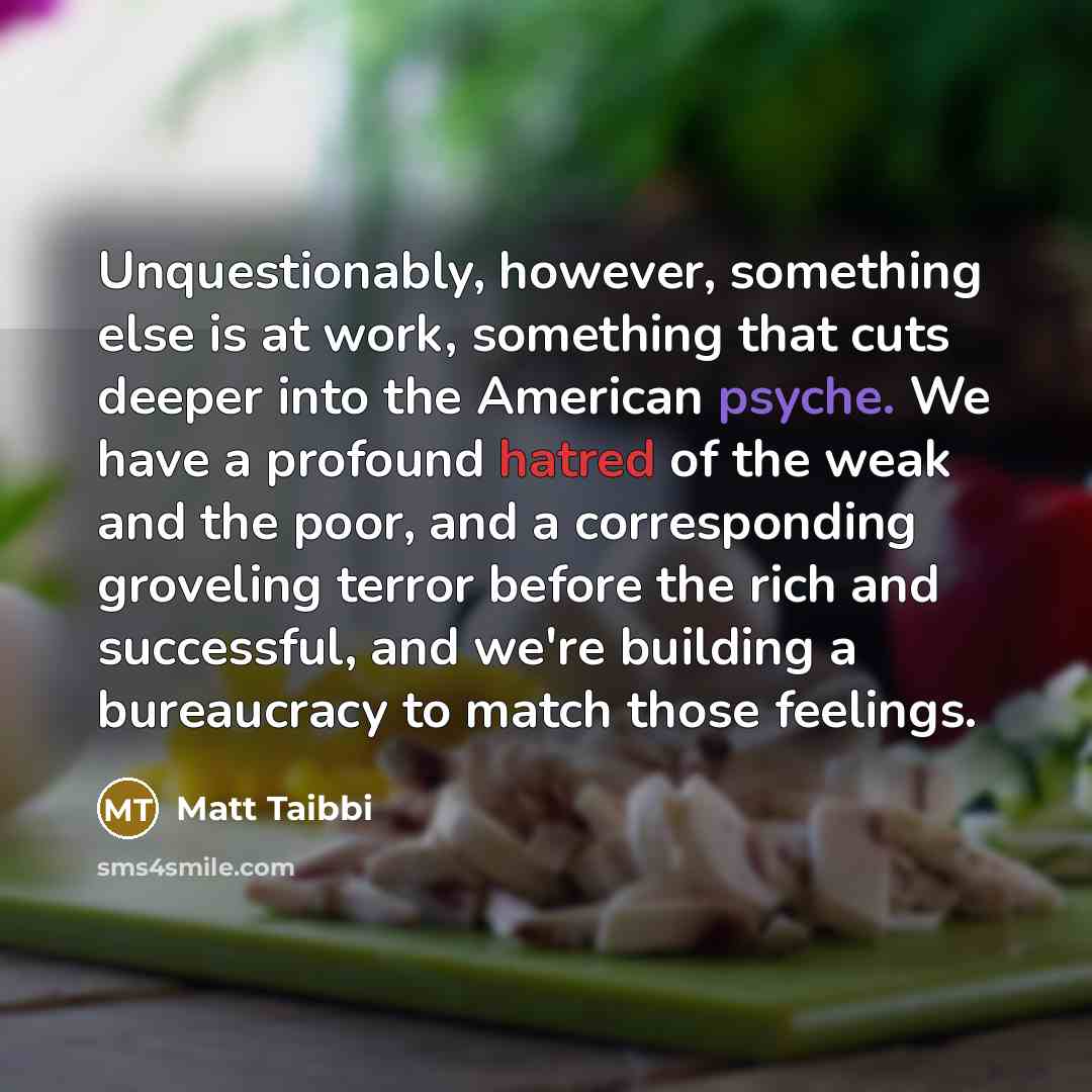 “Unquestionably, however, something else is at work, something that cuts deeper into the American psyche. We have a profound hatred of the weak and the poor, and a corresponding groveling terror before the rich and successful, and we're building a bureaucracy to match those feelings.” quote by Matt Taibbi