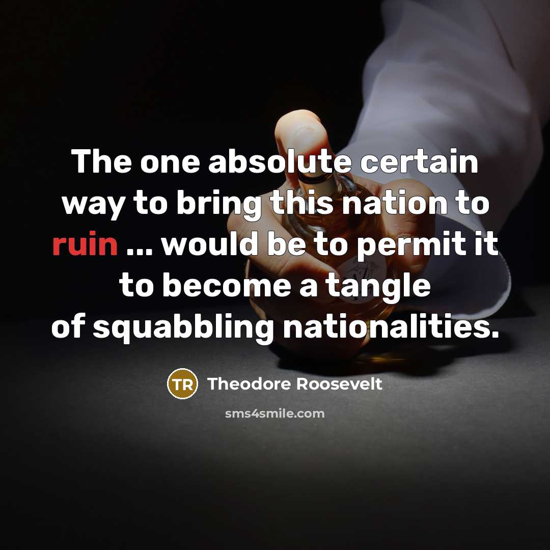 “The one absolute certain way to bring this nation to ruin ... would be to permit it to become a tangle of squabbling nationalities.” quote by Theodore Roosevelt