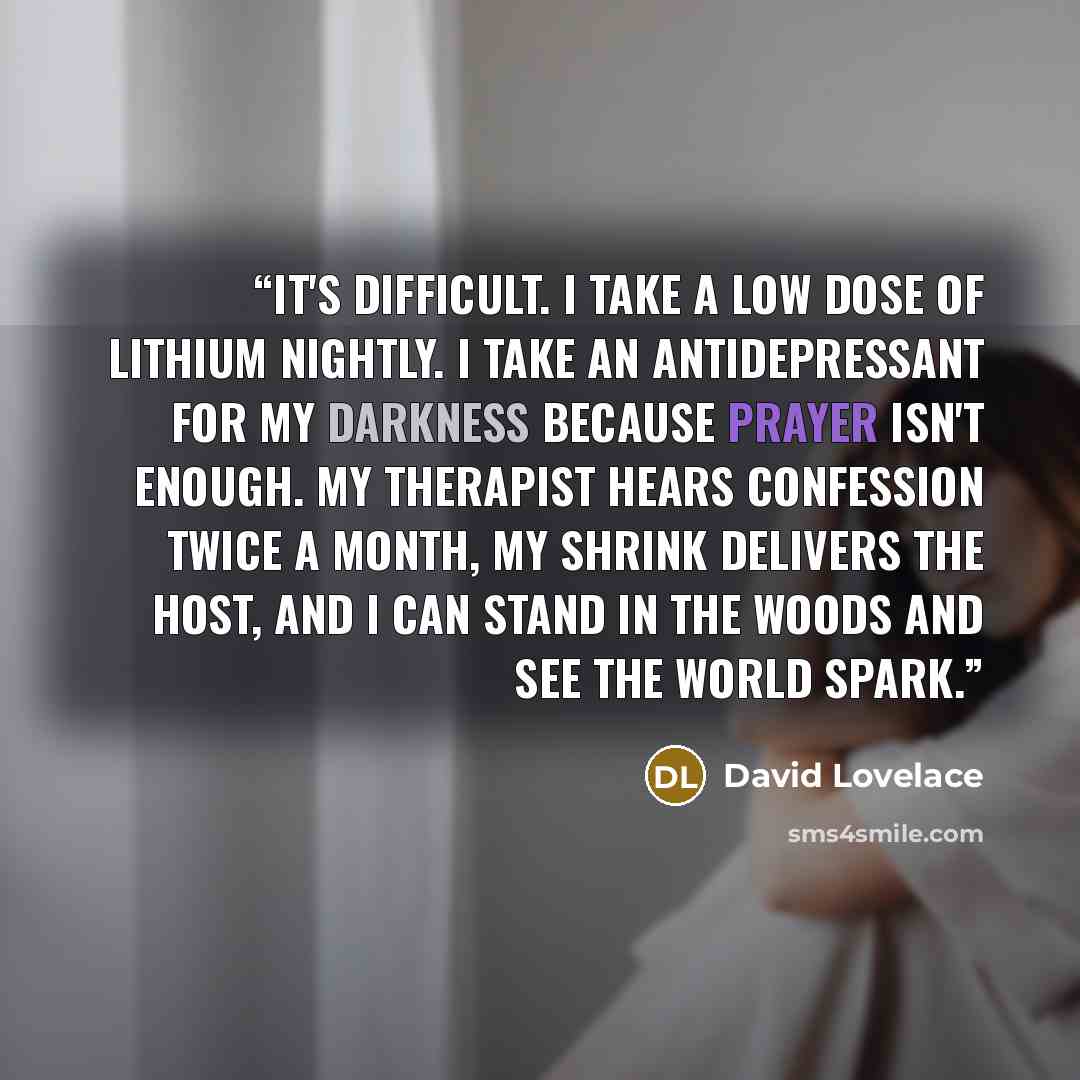 “It's difficult. I take a low dose of lithium nightly. I take an antidepressant for my darkness because prayer isn't enough. My therapist hears confession twice a month, my shrink delivers the host, and I can stand in the woods and see the world spark.” quote by David Lovelace
