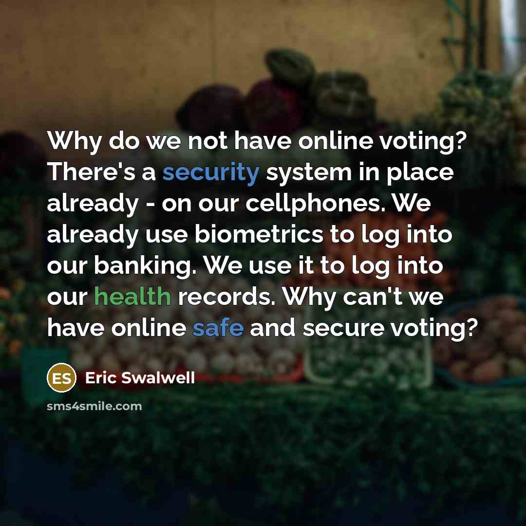“Why do we not have online voting? There's a security system in place already - on our cellphones. We already use biometrics to log into our banking. We use it to log into our health records. Why can't we have online safe and secure voting?” quote by Eric Swalwell
