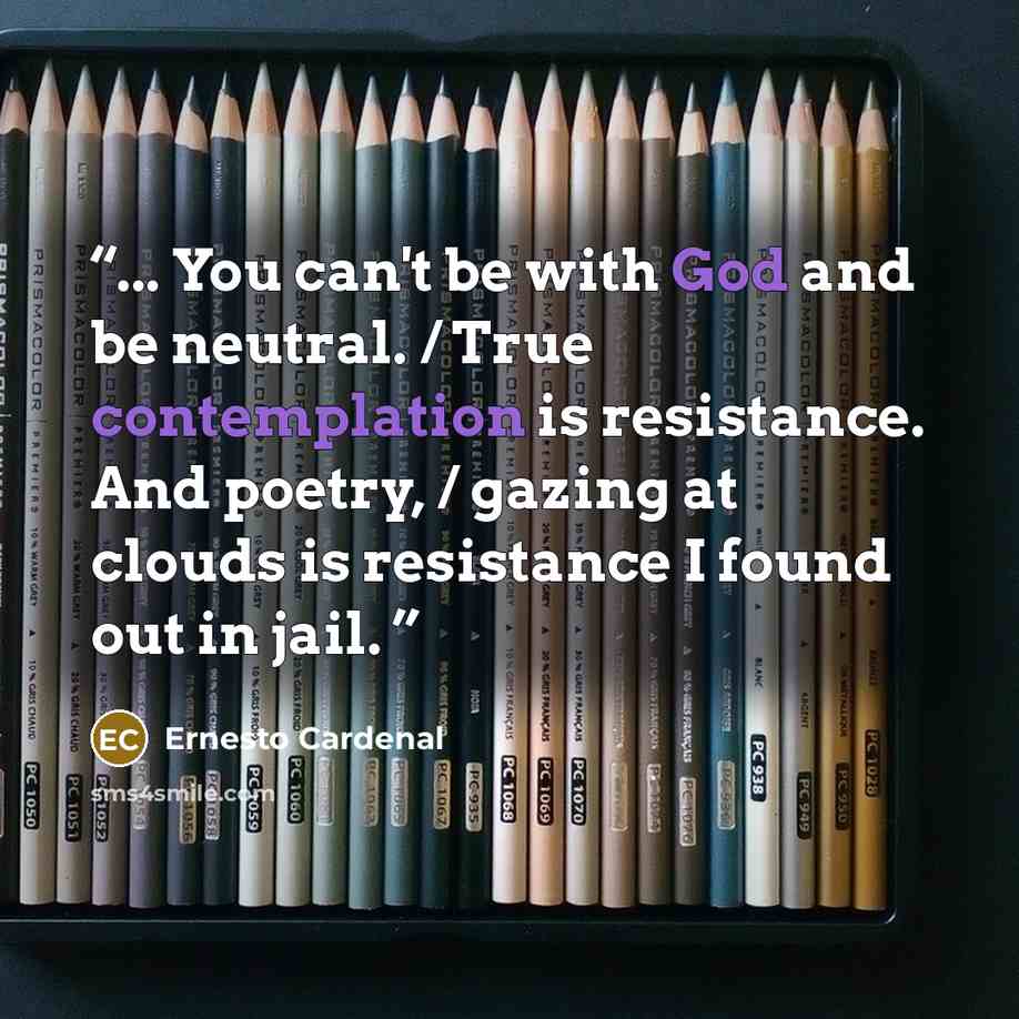 “... You can't be with God and be neutral. / True contemplation is resistance. And poetry, / gazing at clouds is resistance I found out in jail.” quote by Ernesto Cardenal