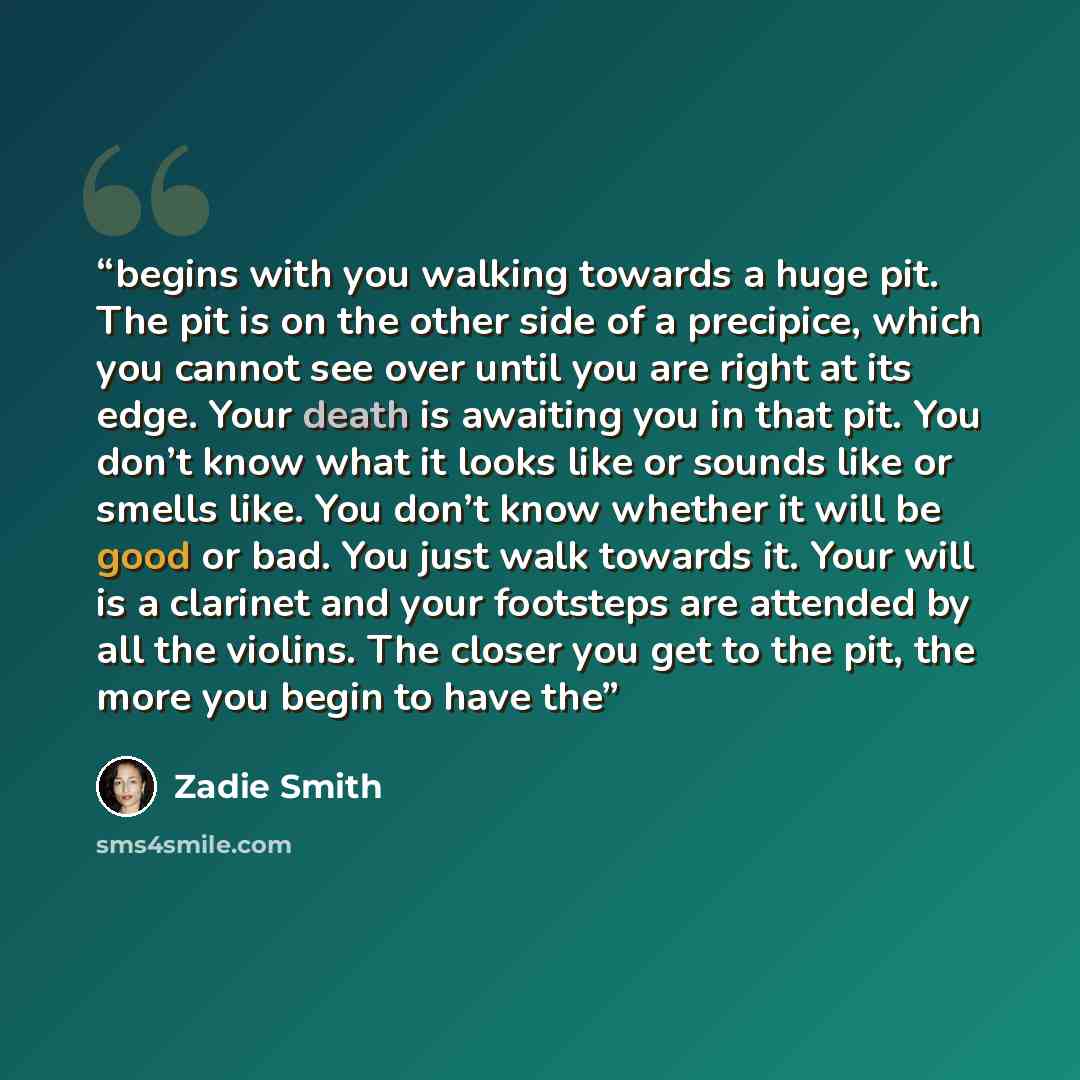 “begins with you walking towards a huge pit. The pit is on the other side of a precipice, which you cannot see over until you are right at its edge. Your death is awaiting you in that pit. You don’t know what it looks like or sounds like or smells like. You don’t know whether it will be good or…” quote by Zadie Smith