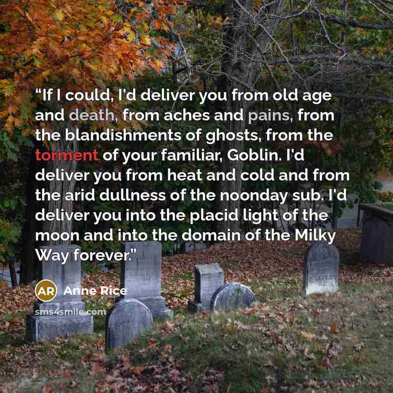 “If I could, I'd deliver you from old age and death, from aches and pains, from the blandishments of ghosts, from the torment of your familiar, Goblin. I'd deliver you from heat and cold and from the arid dullness of the noonday sub. I'd deliver you into the placid light of the moon and into the…” quote by Anne Rice