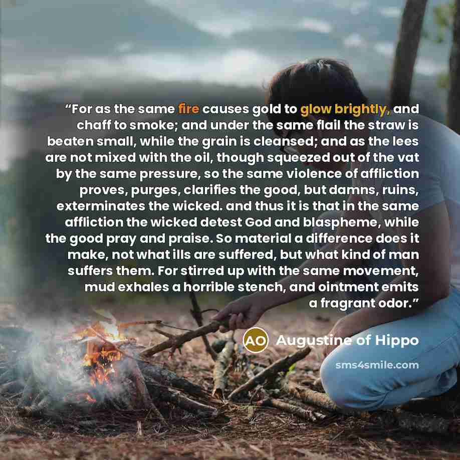 “For as the same fire causes gold to glow brightly, and chaff to smoke; and under the same flail the straw is beaten small, while the grain is cleansed; and as the lees are not mixed with the oil, though squeezed out of the vat by the same pressure, so the same violence of affliction proves…” quote by Augustine of Hippo