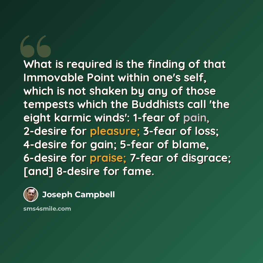 “What is required is the finding of that Immovable Point within one's self, which is not shaken by any of those tempests which the Buddhists call 'the eight karmic winds': 1-fear of pain, 2-desire for pleasure; 3-fear of loss; 4-desire for gain; 5-fear of blame, 6-desire for praise; 7-fear of…” quote by Joseph Campbell