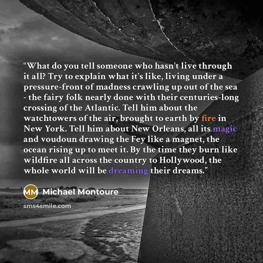 “What do you tell someone who hasn't live through it all? Try to explain what it's like, living under a pressure-front of madness crawling up out of the sea - the fairy folk nearly done with their centuries-long crossing of the Atlantic. Tell him about the watchtowers of the air, brought to earth…” quote by Michael Montoure