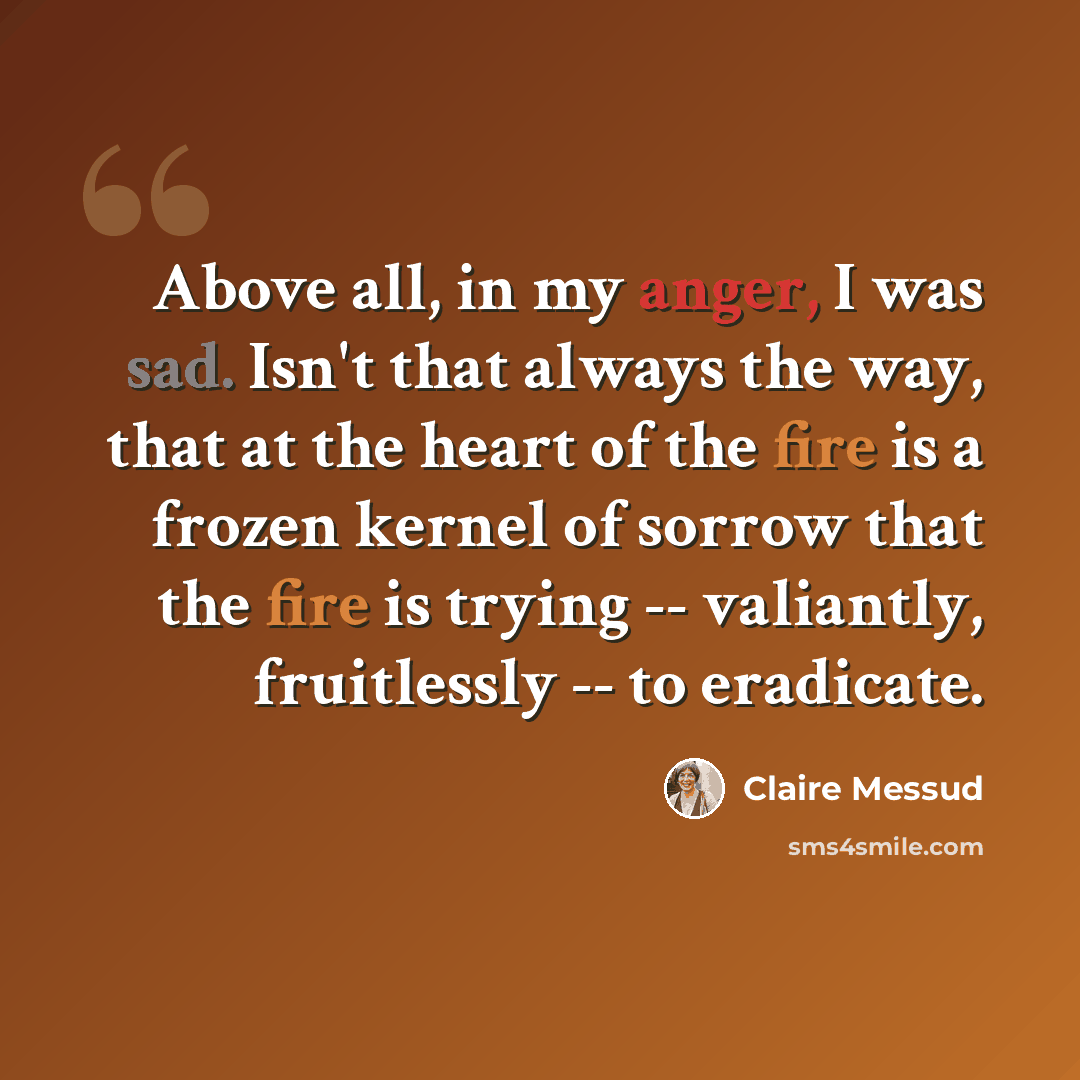 “Above all, in my anger, I was sad. Isn't that always the way, that at the heart of the fire is a frozen kernel of sorrow that the fire is trying -- valiantly, fruitlessly -- to eradicate.” quote by Claire Messud