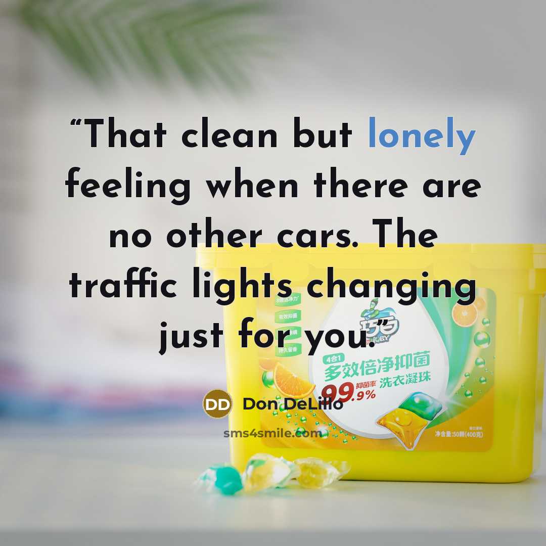 “That clean but lonely feeling when there are no other cars. The traffic lights changing just for you.” quote by Don DeLillo