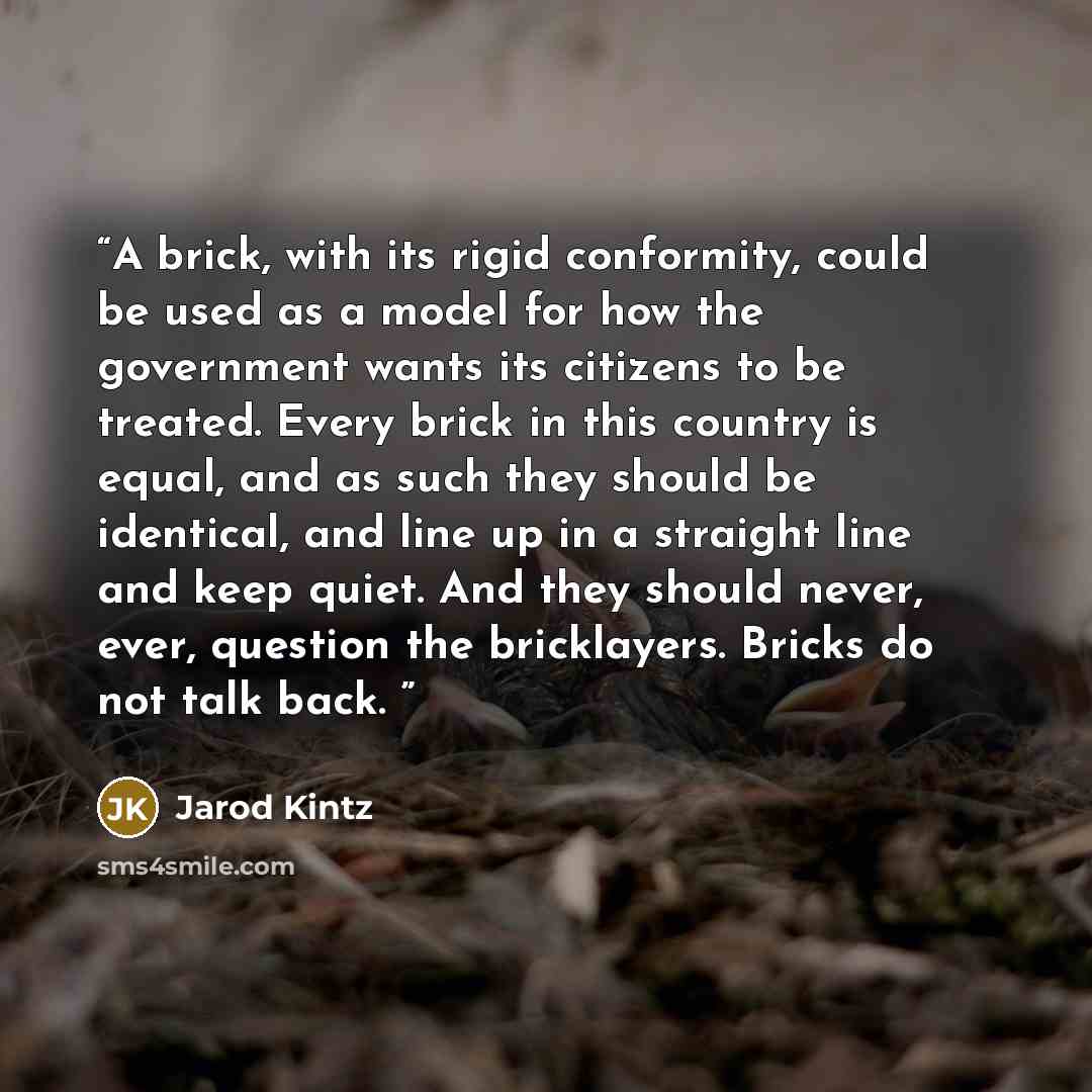 “A brick, with its rigid conformity, could be used as a model for how the government wants its citizens to be treated. Every brick in this country is equal, and as such they should be identical, and line up in a straight line and keep quiet. And they should never, ever, question the bricklayers…” quote by Jarod Kintz