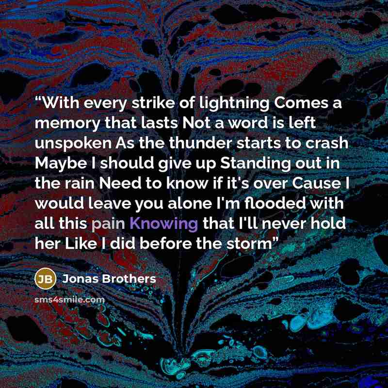 “With every strike of lightning Comes a memory that lasts Not a word is left unspoken As the thunder starts to crash Maybe I should give up Standing out in the rain Need to know if it's over Cause I would leave you alone I'm flooded with all this pain Knowing that I'll never hold her Like I did…” quote by Jonas Brothers