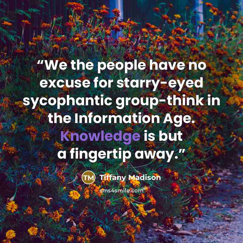 “We the people have no excuse for starry-eyed sycophantic group-think in the Information Age. Knowledge is but a fingertip away.” quote by Tiffany Madison