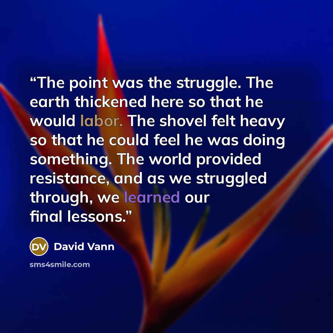 “The point was the struggle. The earth thickened here so that he would labor. The shovel felt heavy so that he could feel he was doing something. The world provided resistance, and as we struggled through, we learned our final lessons.” quote by David Vann