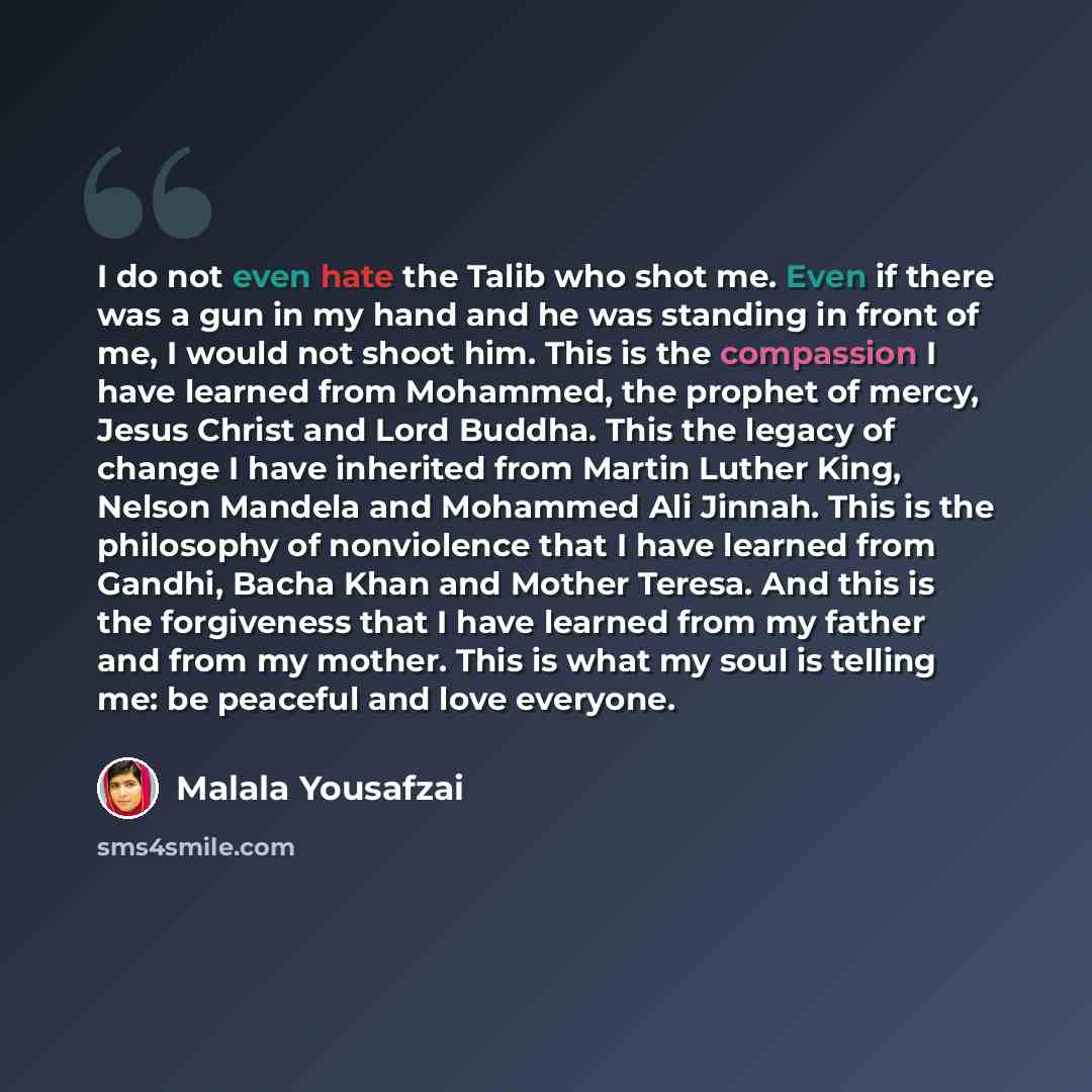 “I do not even hate the Talib who shot me. Even if there was a gun in my hand and he was standing in front of me, I would not shoot him. This is the compassion I have learned from Mohammed, the prophet of mercy, Jesus Christ and Lord Buddha. This the legacy of change I have inherited from Martin…” quote by Malala Yousafzai