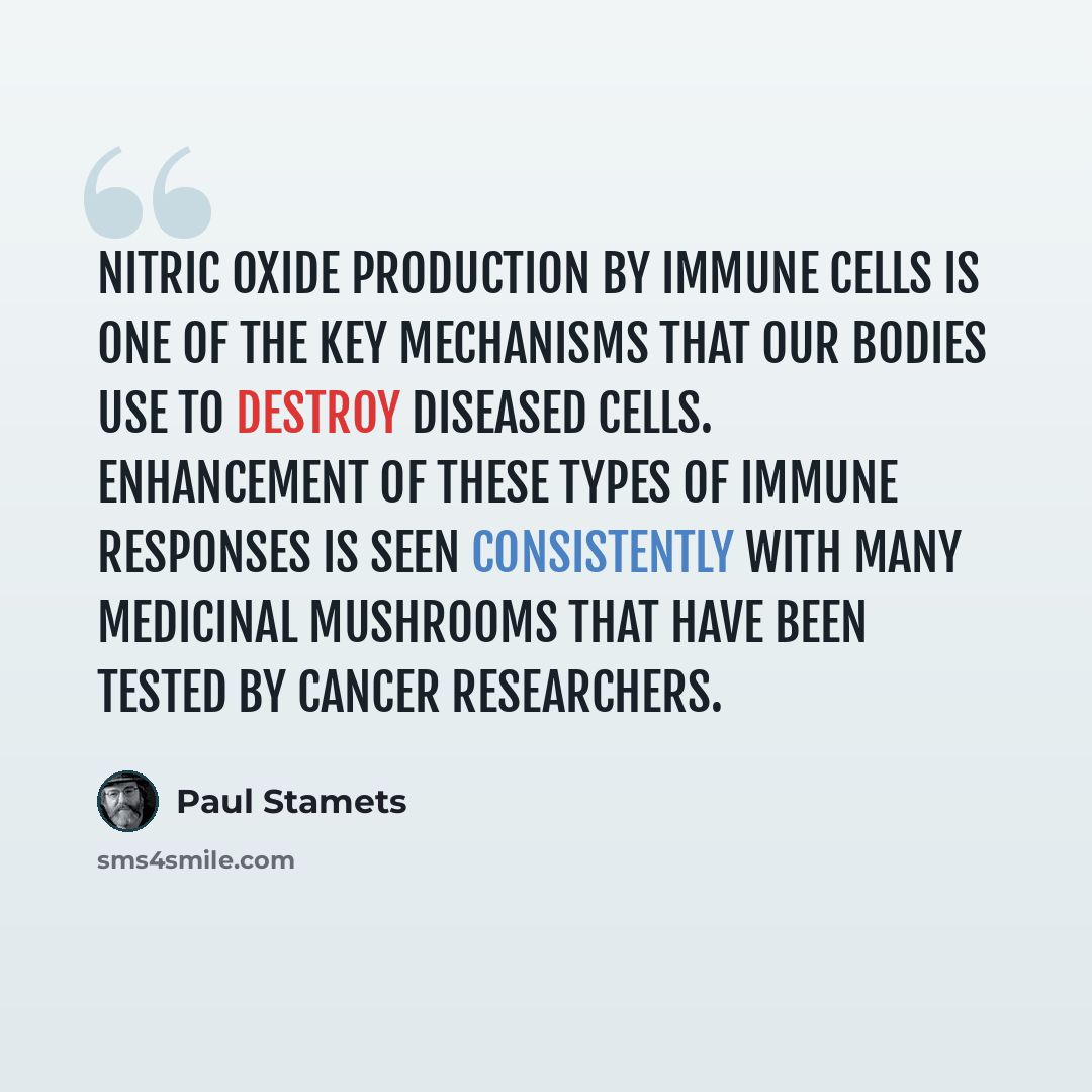 “Nitric oxide production by immune cells is one of the key mechanisms that our bodies use to destroy diseased cells. Enhancement of these types of immune responses is seen consistently with many medicinal mushrooms that have been tested by cancer researchers.” quote by Paul Stamets