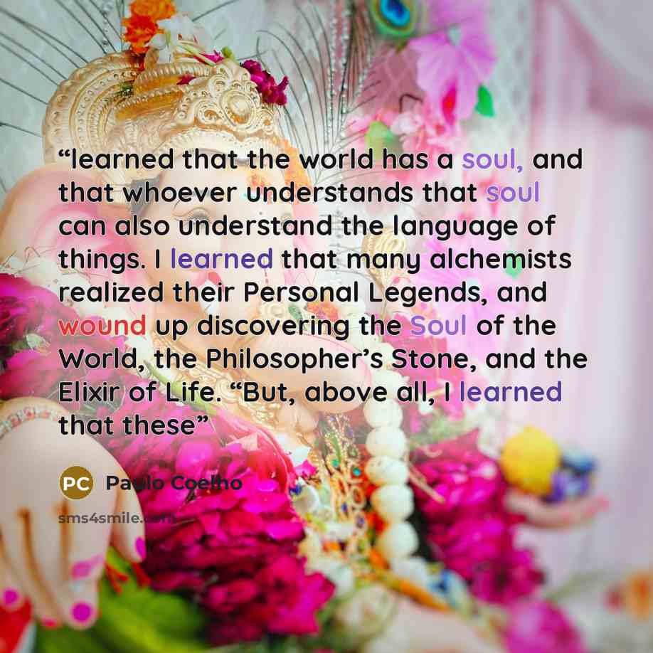 “learned that the world has a soul, and that whoever understands that soul can also understand the language of things. I learned that many alchemists realized their Personal Legends, and wound up discovering the Soul of the World, the Philosopher’s Stone, and the Elixir of Life. “But, above all, I…” quote by Paulo Coelho