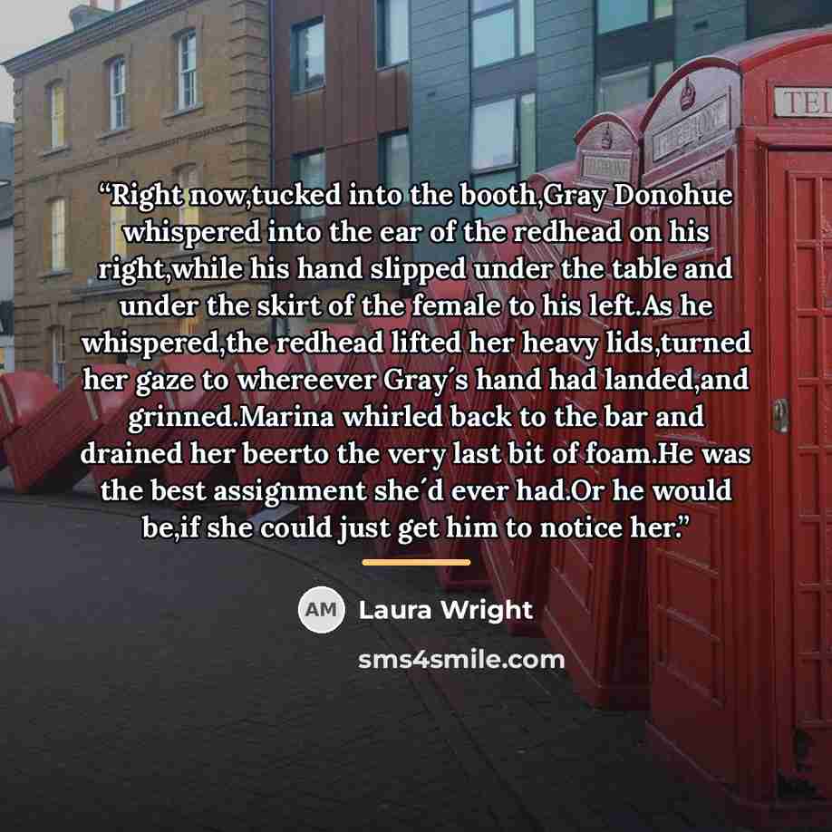“Right now,tucked into the booth,Gray Donohue whispered into the ear of the redhead on his right,while his hand slipped under the table and under the skirt of the female to his left.As he whispered,the redhead lifted her heavy lids,turned her gaze to whereever Gray´s hand had landed,and…” quote by Laura Wright