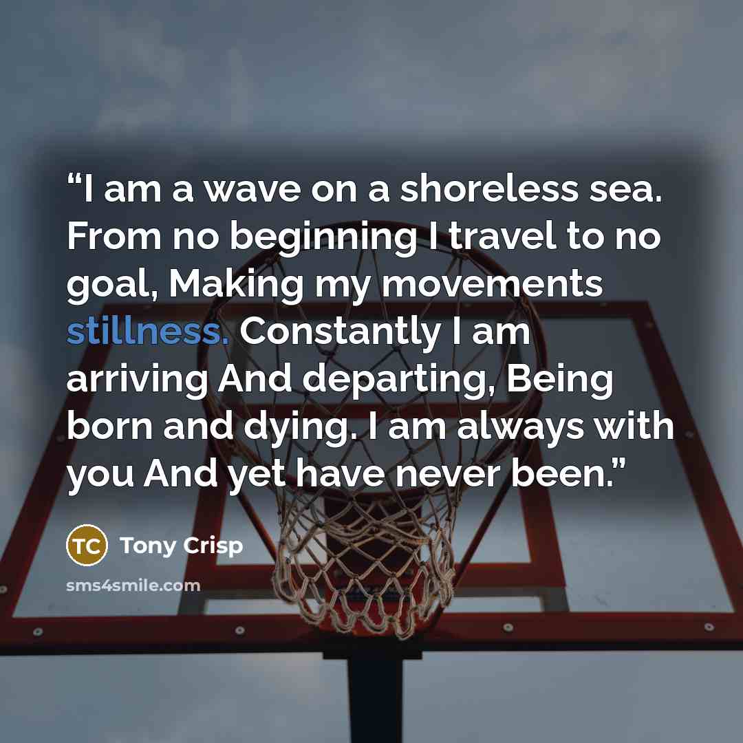 “I am a wave on a shoreless sea. From no beginning I travel to no goal, Making my movements stillness. Constantly I am arriving And departing, Being born and dying. I am always with you And yet have never been.” quote by Tony Crisp
