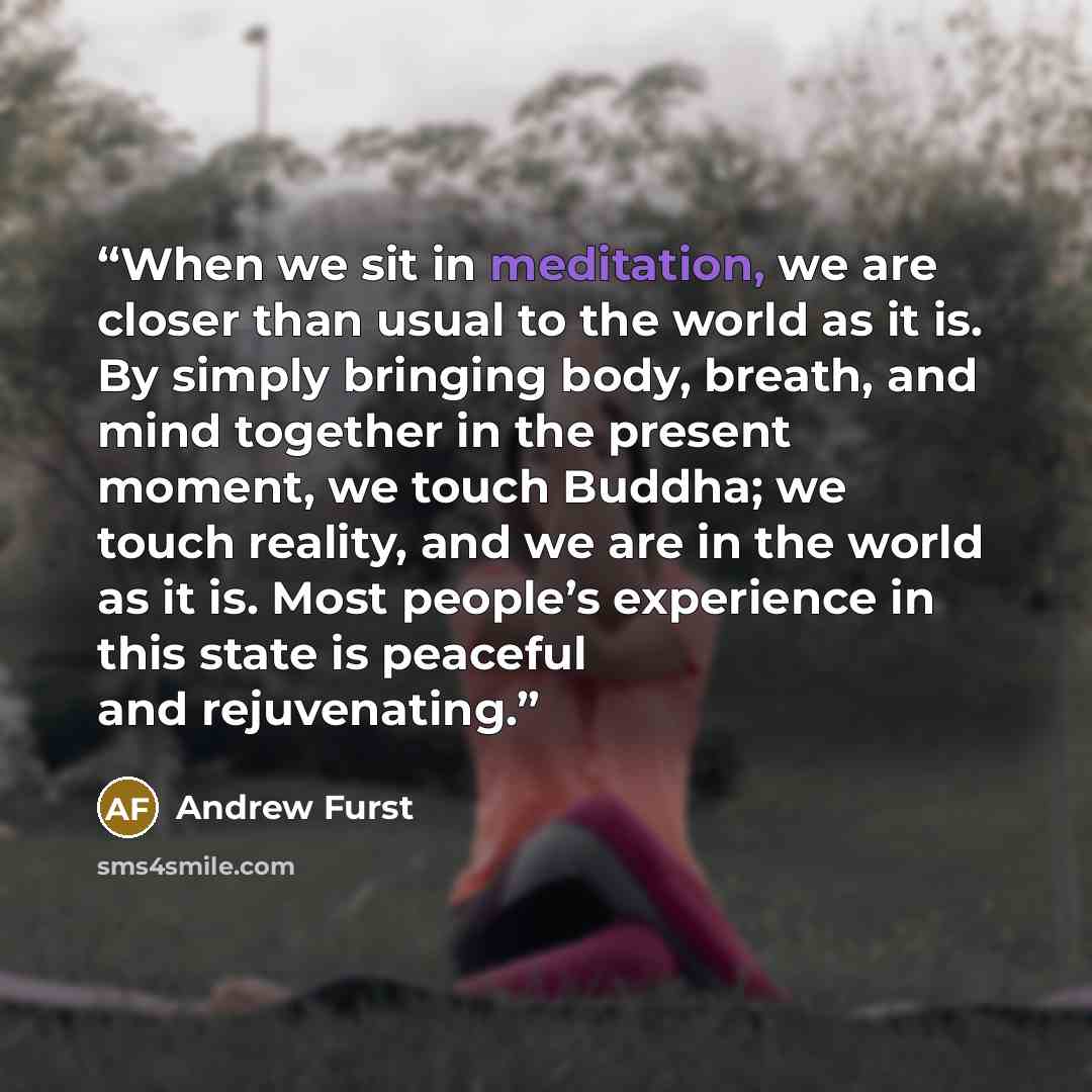 “When we sit in meditation, we are closer than usual to the world as it is. By simply bringing body, breath, and mind together in the present moment, we touch Buddha; we touch reality, and we are in the world as it is. Most people’s experience in this state is peaceful and rejuvenating.” quote by Andrew Furst