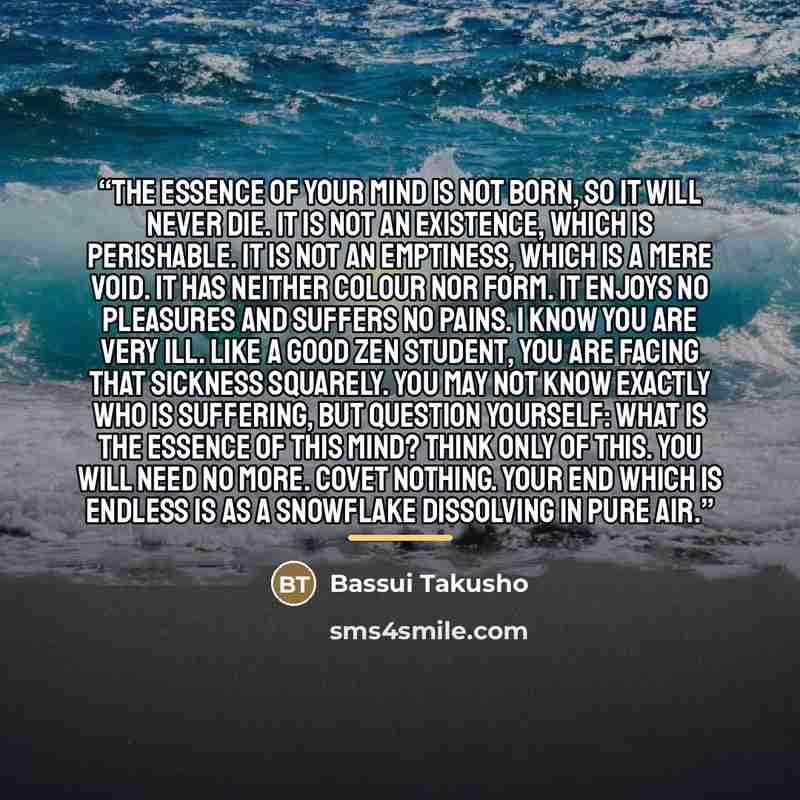 “The essence of your mind is not born, so it will never die. It is not an existence, which is perishable. It is not an emptiness, which is a mere void. It has neither colour nor form. It enjoys no pleasures and suffers no pains. I know you are very ill. Like a good Zen student, you are facing that…” quote by Bassui Takusho