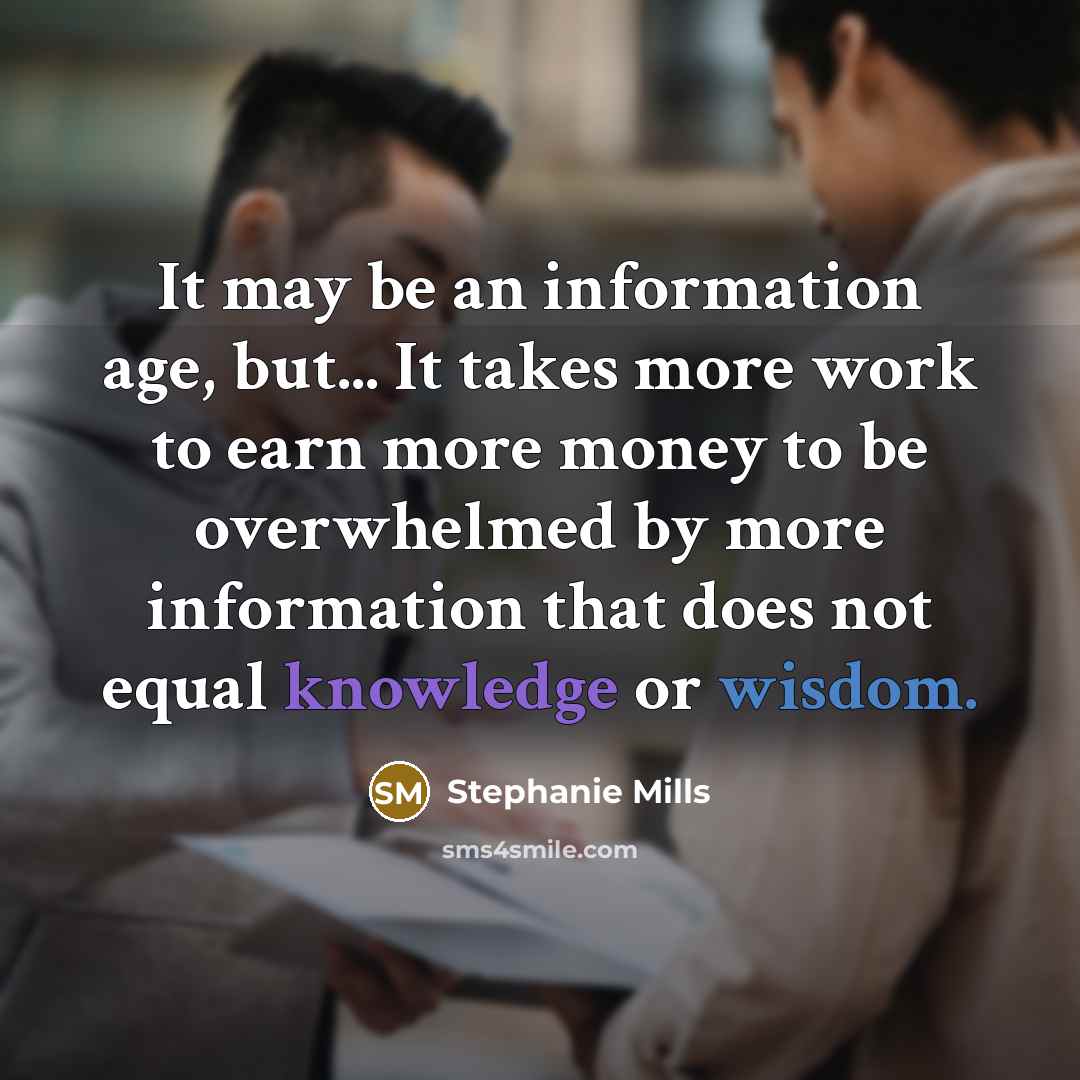 “It may be an information age, but... It takes more work to earn more money to be overwhelmed by more information that does not equal knowledge or wisdom.” quote by Stephanie Mills