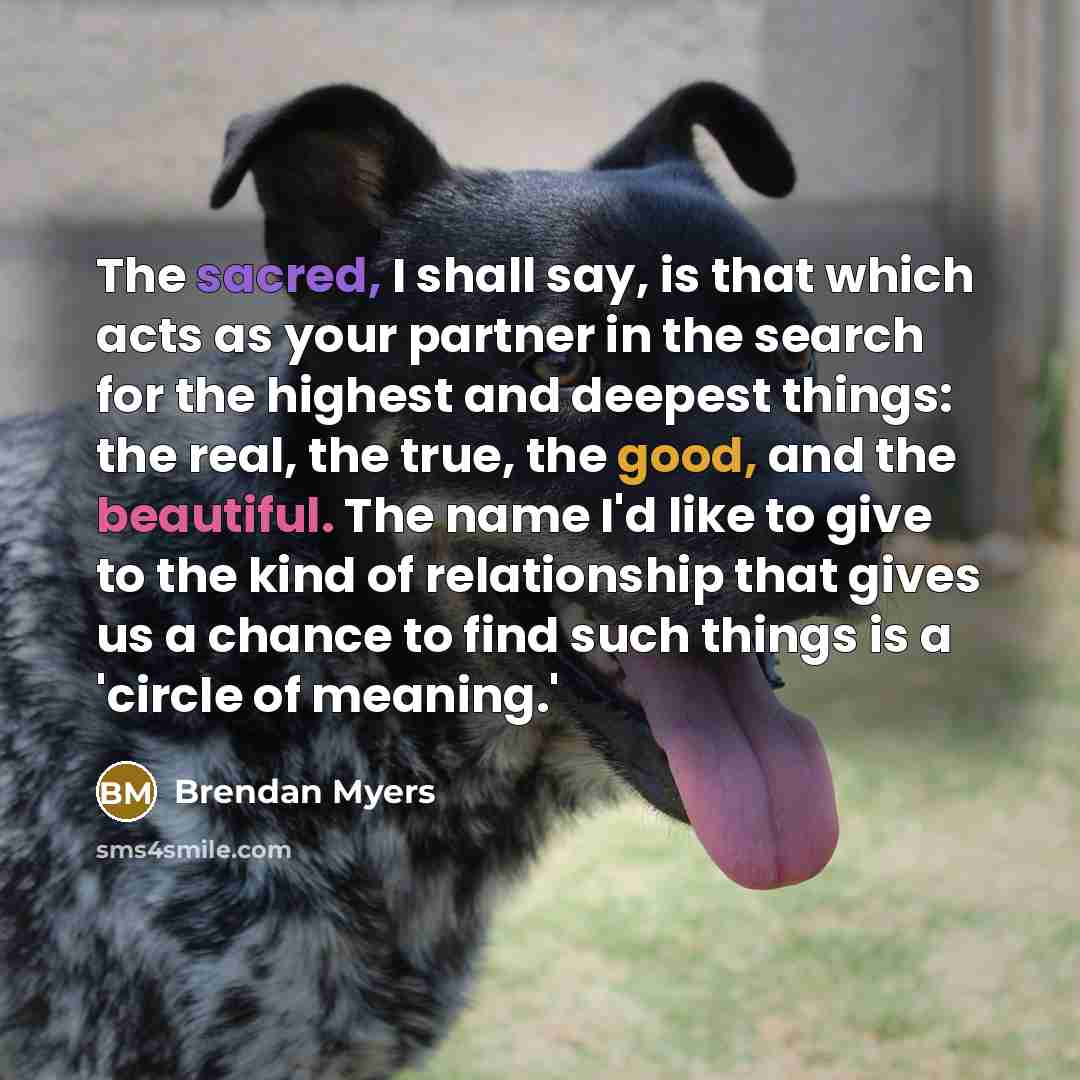 “The sacred, I shall say, is that which acts as your partner in the search for the highest and deepest things: the real, the true, the good, and the beautiful. The name I'd like to give to the kind of relationship that gives us a chance to find such things is a 'circle of meaning.'” quote by Brendan Myers