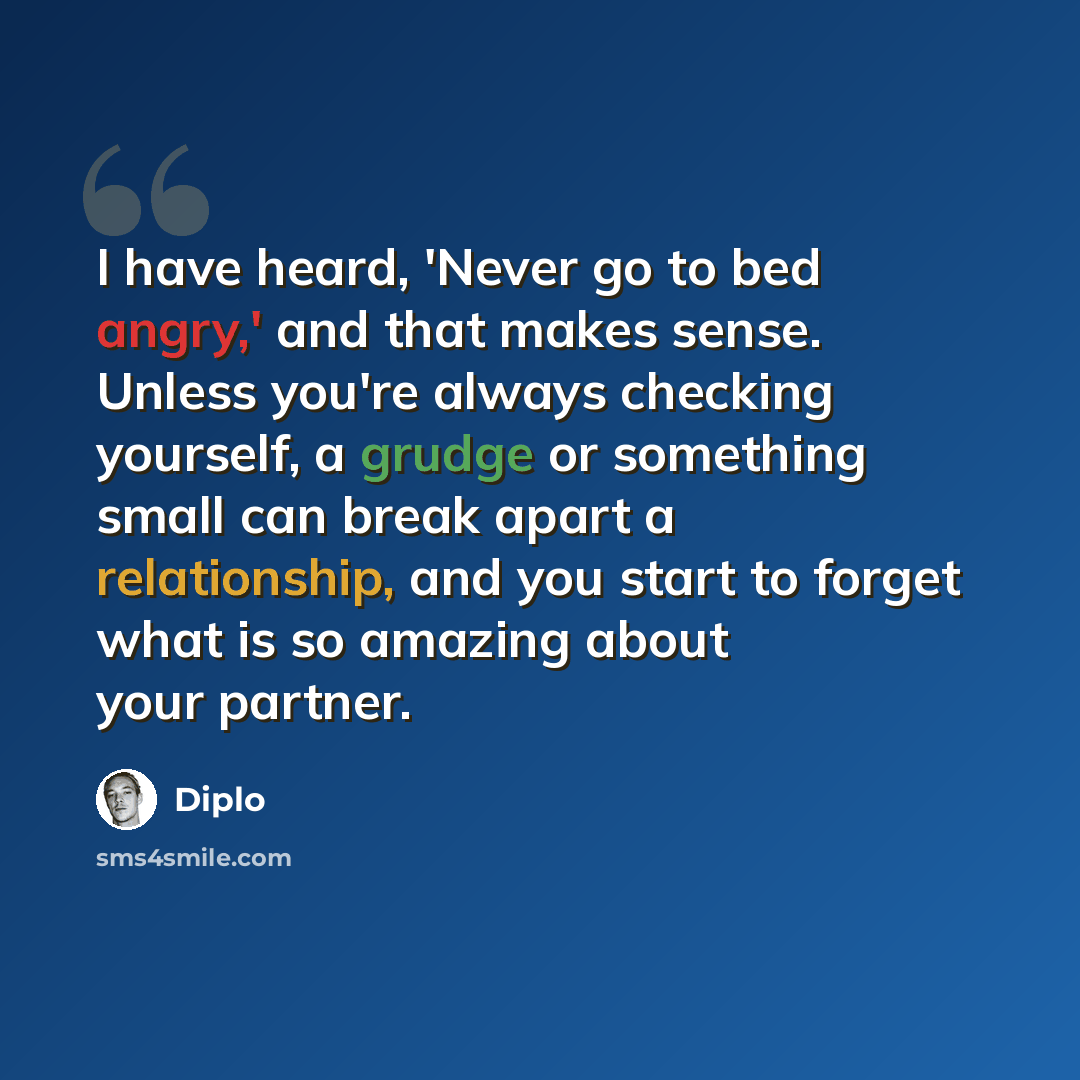 “I have heard, 'Never go to bed angry,' and that makes sense. Unless you're always checking yourself, a grudge or something small can break apart a relationship, and you start to forget what is so amazing about your partner.” quote by Diplo