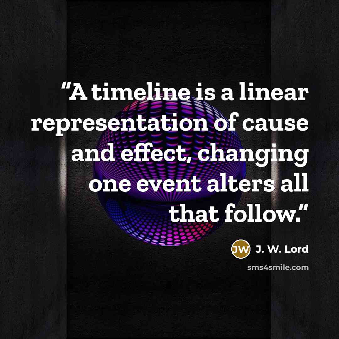 “A timeline is a linear representation of cause and effect, changing one event alters all that follow.” quote by J. W. Lord