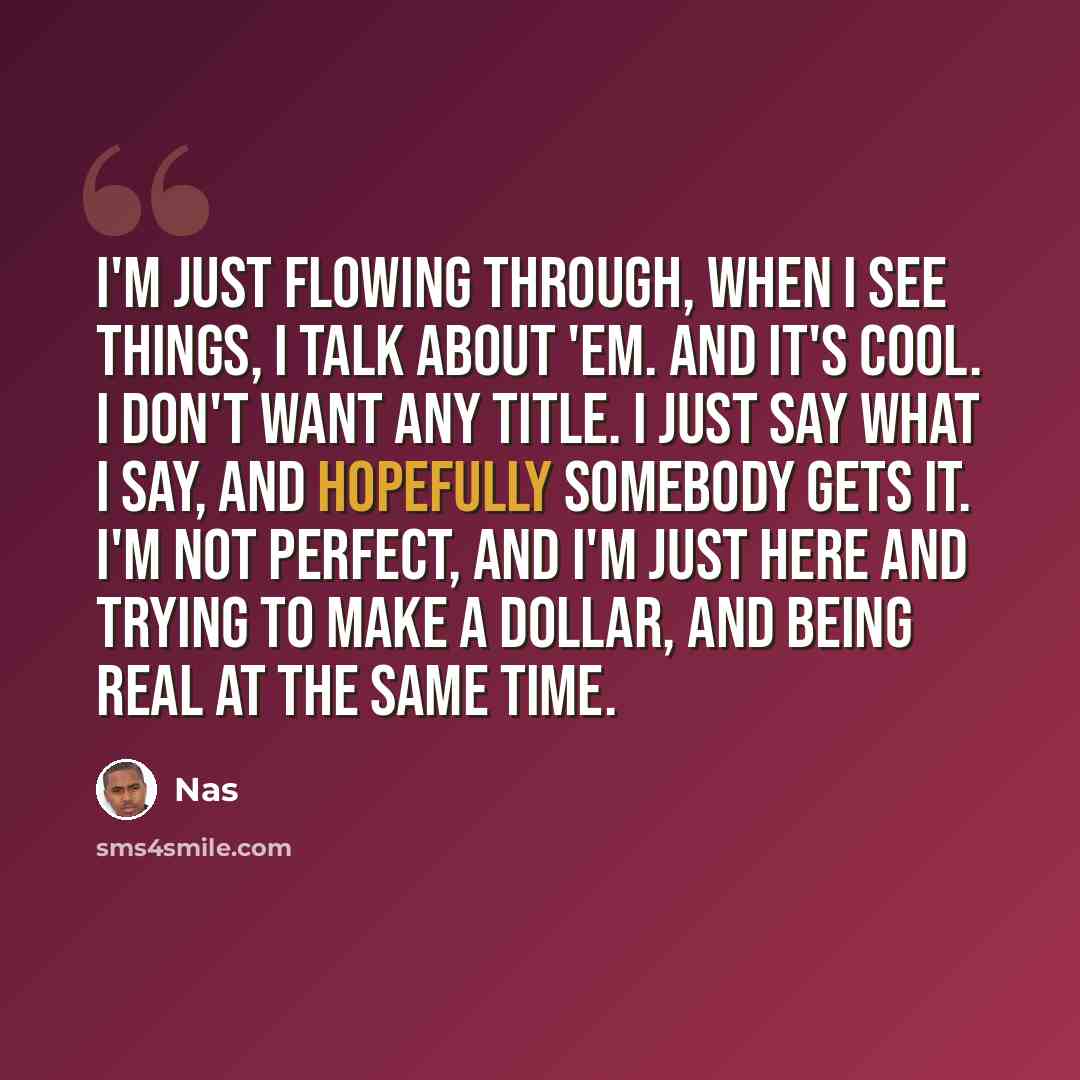 “I'm just flowing through, when I see things, I talk about 'em. And it's cool. I don't want any title. I just say what I say, and hopefully somebody gets it. I'm not perfect, and I'm just here and trying to make a dollar, and being real at the same time.” quote by Nas