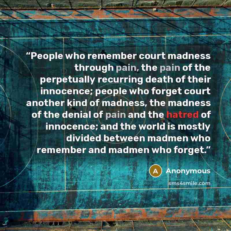 “People who remember court madness through pain, the pain of the perpetually recurring death of their innocence; people who forget court another kind of madness, the madness of the denial of pain and the hatred of innocence; and the world is mostly divided between madmen who remember and madmen who…” quote by Anonymous