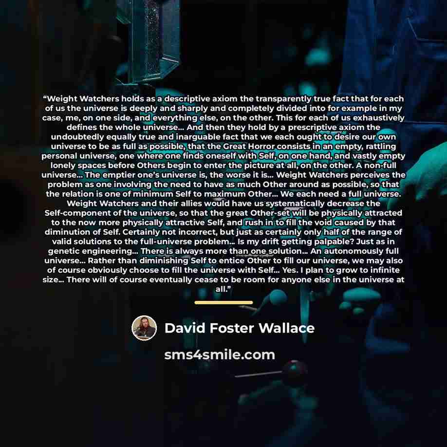 “Weight Watchers holds as a descriptive axiom the transparently true fact that for each of us the universe is deeply and sharply and completely divided into for example in my case, me, on one side, and everything else, on the other. This for each of us exhaustively defines the whole universe... And…” quote by David Foster Wallace