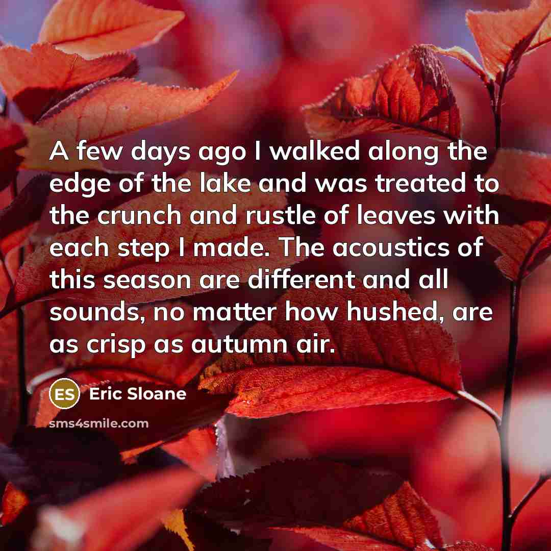 “A few days ago I walked along the edge of the lake and was treated to the crunch and rustle of leaves with each step I made. The acoustics of this season are different and all sounds, no matter how hushed, are as crisp as autumn air.” quote by Eric Sloane