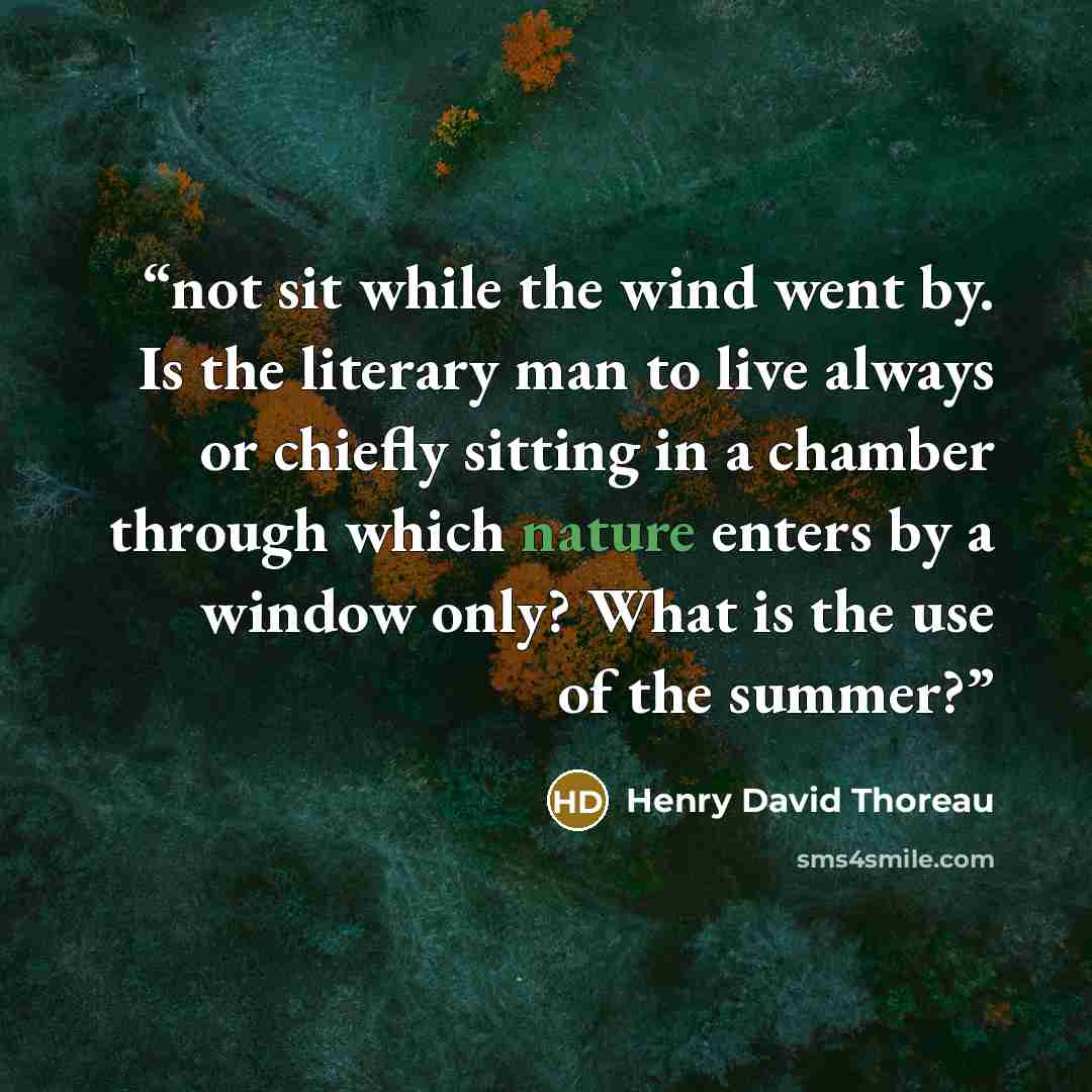 “not sit while the wind went by. Is the literary man to live always or chiefly sitting in a chamber through which nature enters by a window only? What is the use of the summer?” quote by Henry David Thoreau