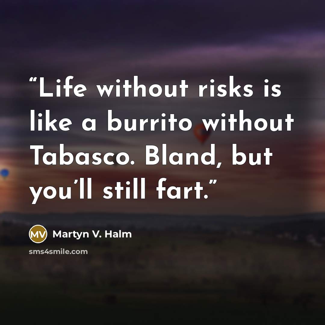 “Life without risks is like a burrito without Tabasco. Bland, but you’ll still fart.” quote by Martyn V. Halm