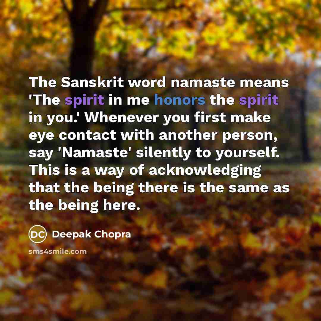“The Sanskrit word namaste means 'The spirit in me honors the spirit in you.' Whenever you first make eye contact with another person, say 'Namaste' silently to yourself. This is a way of acknowledging that the being there is the same as the being here.” quote by Deepak Chopra