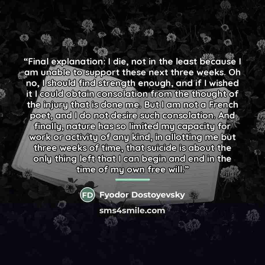 “Final explanation: I die, not in the least because I am unable to support these next three weeks. Oh no, I should find strength enough, and if I wished it I could obtain consolation from the thought of the injury that is done me. But I am not a French poet, and I do not desire such consolation…” quote by Fyodor Dostoyevsky
