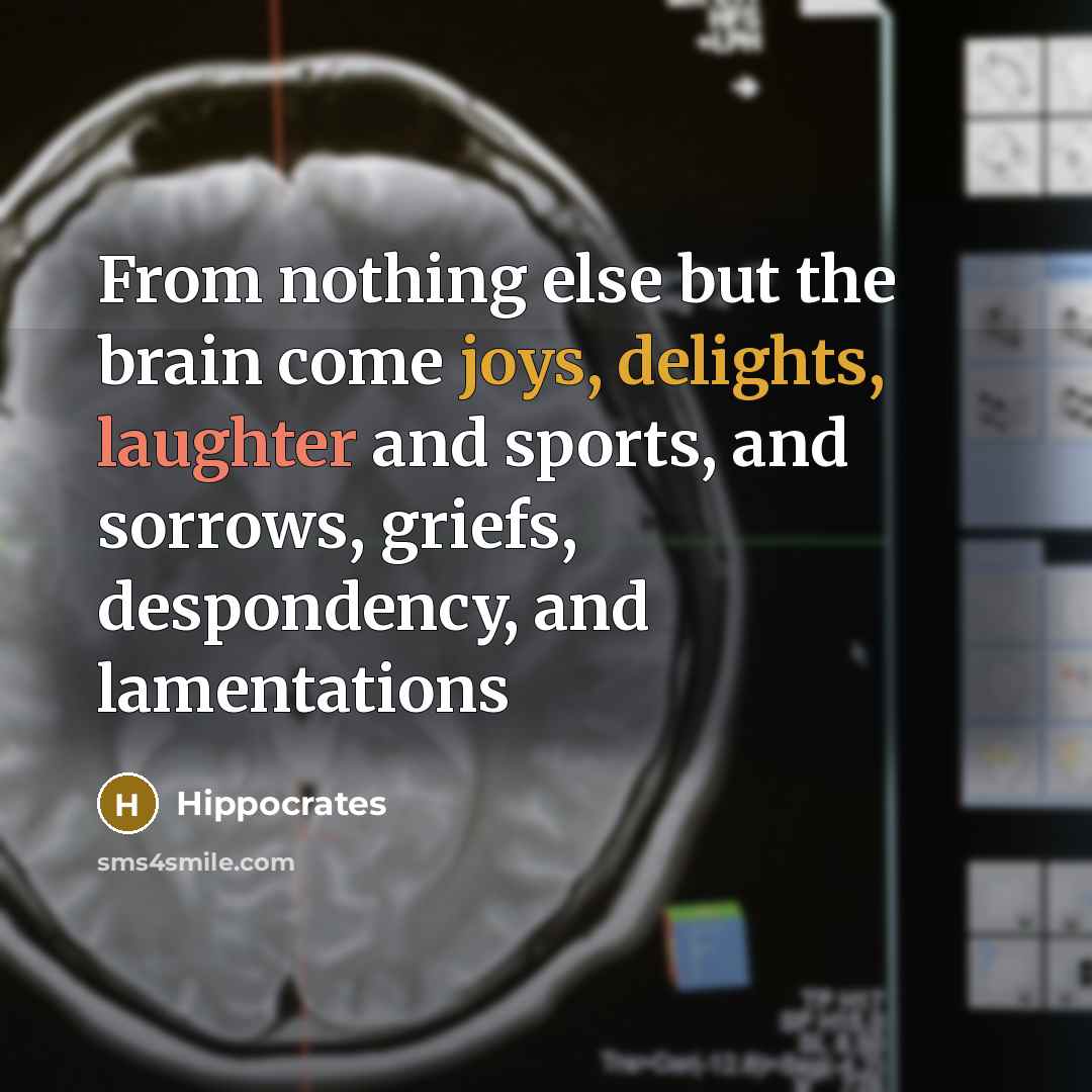 “From nothing else but the brain come joys, delights, laughter and sports, and sorrows, griefs, despondency, and lamentations” quote by Hippocrates