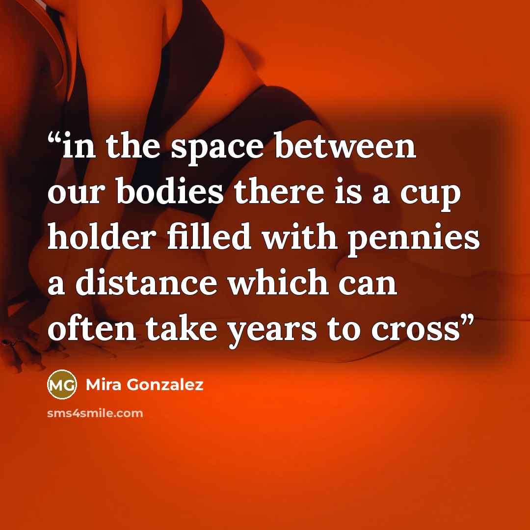 “in the space between our bodies there is a cup holder filled with pennies a distance which can often take years to cross” quote by Mira Gonzalez