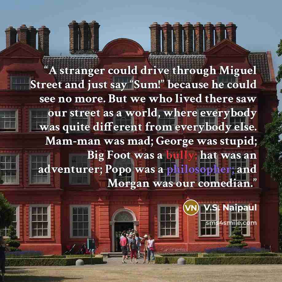 “A stranger could drive through Miguel Street and just say “Sum!” because he could see no more. But we who lived there saw our street as a world, where everybody was quite different from everybody else. Mam-man was mad; George was stupid; Big Foot was a bully; hat was an adventurer; Popo was a…” quote by V.S. Naipaul