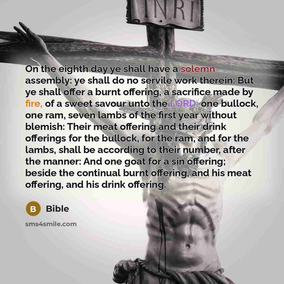 “On the eighth day ye shall have a solemn assembly: ye shall do no servile work therein: But ye shall offer a burnt offering, a sacrifice made by fire, of a sweet savour unto the LORD: one bullock, one ram, seven lambs of the first year without blemish: Their meat offering and their drink offerings…” quote by Bible