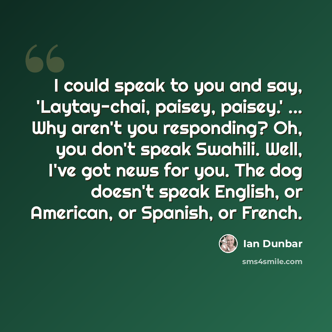 “I could speak to you and say, 'Laytay-chai, paisey, paisey.' ... Why aren't you responding? Oh, you don't speak Swahili. Well, I've got news for you. The dog doesn't speak English, or American, or Spanish, or French.” quote by Ian Dunbar