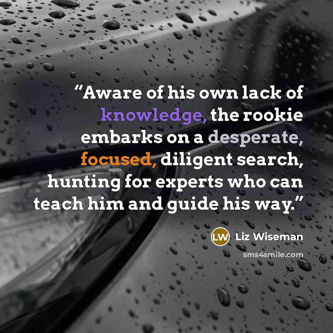 “Aware of his own lack of knowledge, the rookie embarks on a desperate, focused, diligent search, hunting for experts who can teach him and guide his way.” quote by Liz Wiseman