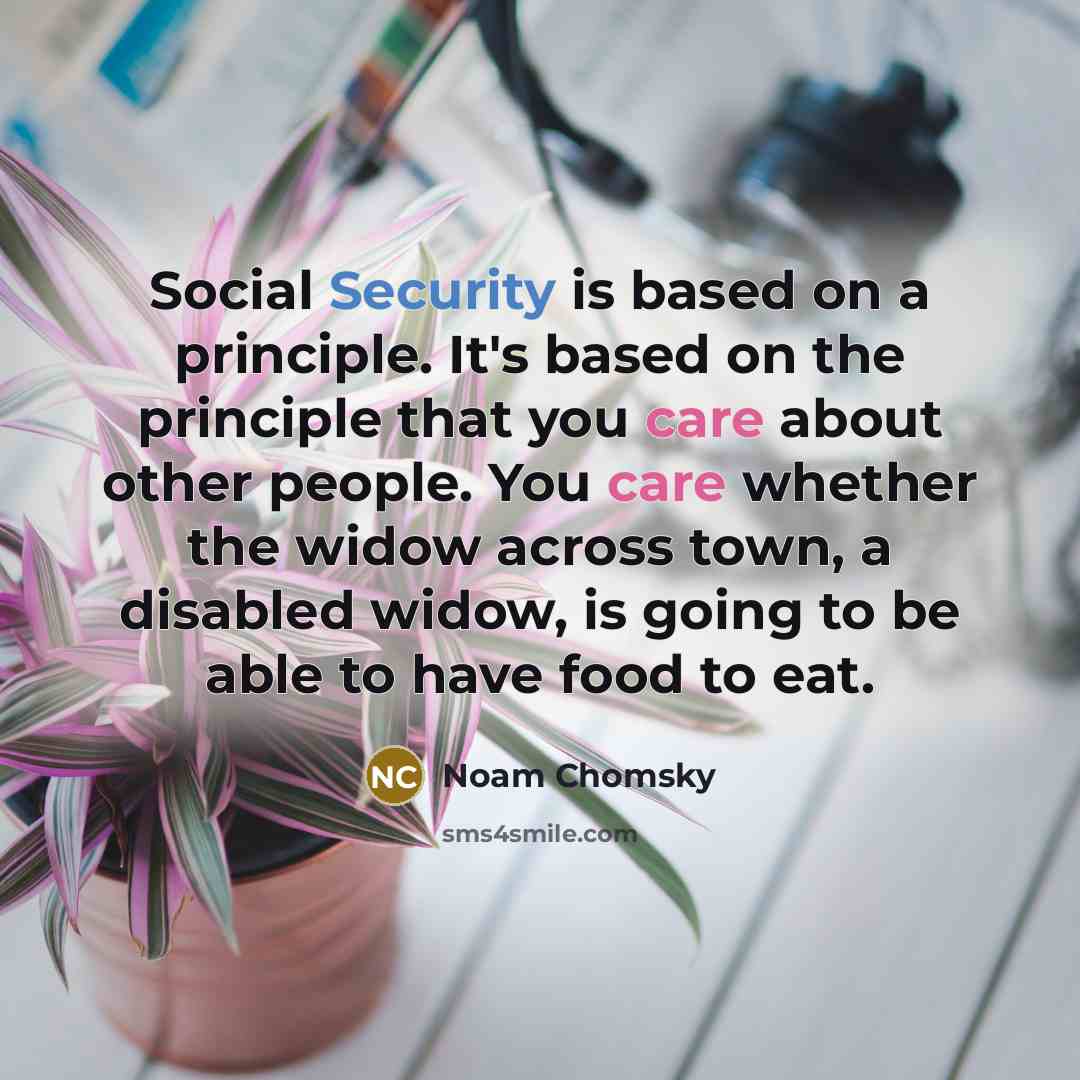 “Social Security is based on a principle. It's based on the principle that you care about other people. You care whether the widow across town, a disabled widow, is going to be able to have food to eat.” quote by Noam Chomsky