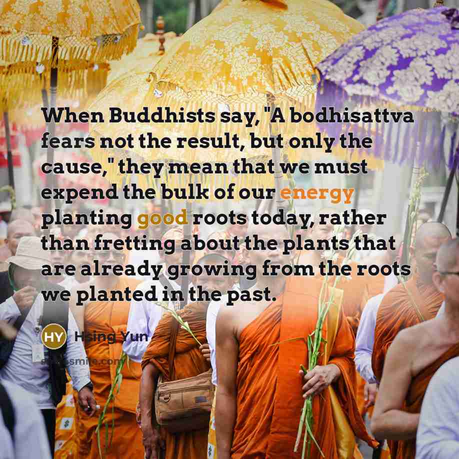 “When Buddhists say, "A bodhisattva fears not the result, but only the cause," they mean that we must expend the bulk of our energy planting good roots today, rather than fretting about the plants that are already growing from the roots we planted in the past.” quote by Hsing Yun