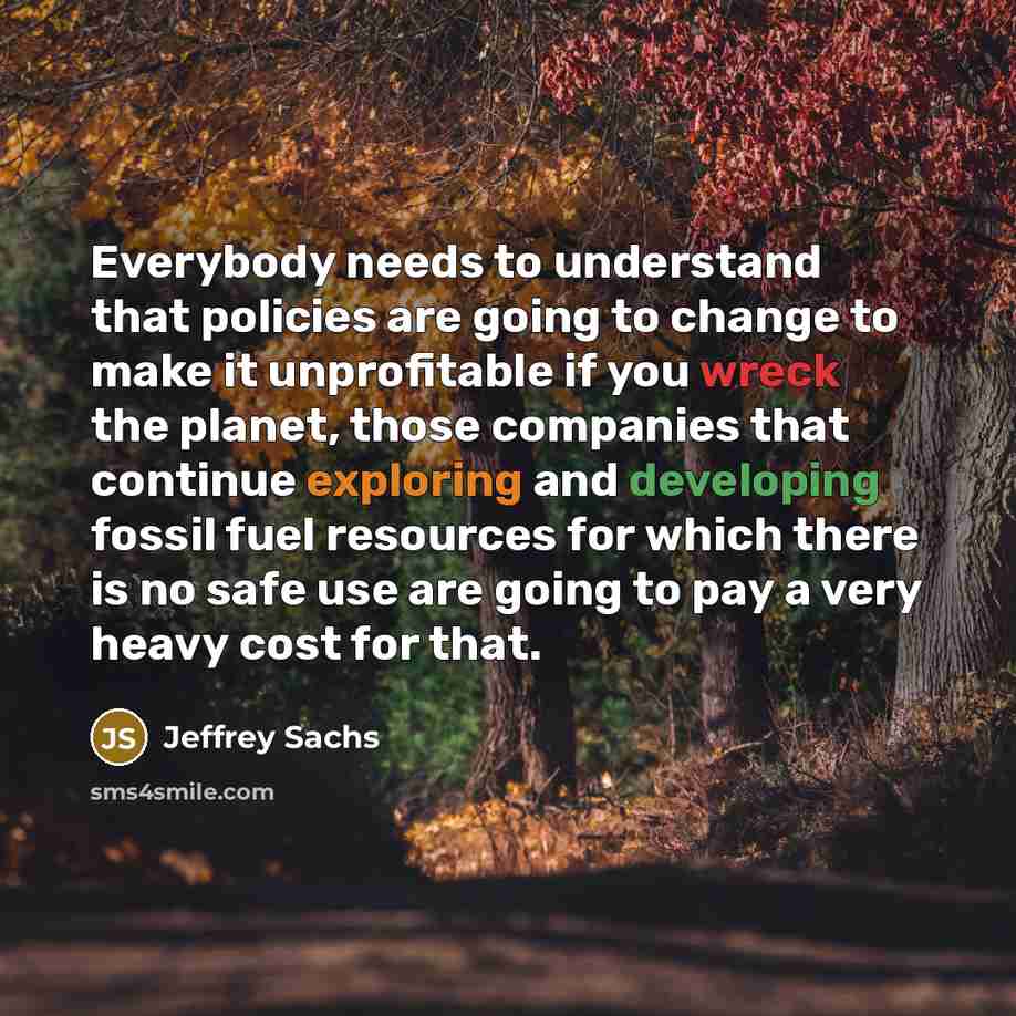 “Everybody needs to understand that policies are going to change to make it unprofitable if you wreck the planet, those companies that continue exploring and developing fossil fuel resources for which there is no safe use are going to pay a very heavy cost for that.” quote by Jeffrey Sachs