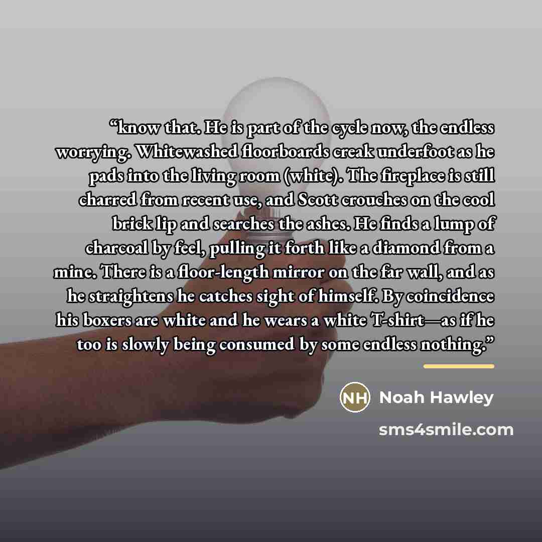 “know that. He is part of the cycle now, the endless worrying. Whitewashed floorboards creak underfoot as he pads into the living room (white). The fireplace is still charred from recent use, and Scott crouches on the cool brick lip and searches the ashes. He finds a lump of charcoal by feel…” quote by Noah Hawley